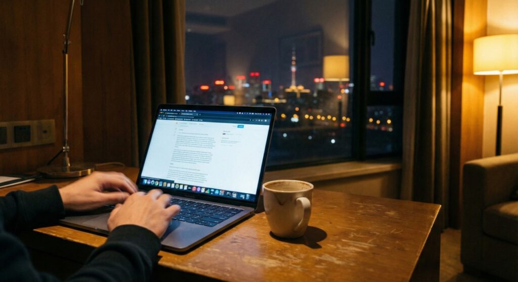 A digital nomad working on a laptop connected to hotel Wi-Fi in a high-rise hotel in Beijing.