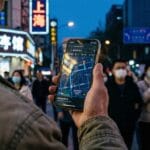 A foreign traveler using a smartphone for navigation on a busy street in Shanghai with 5G signal.