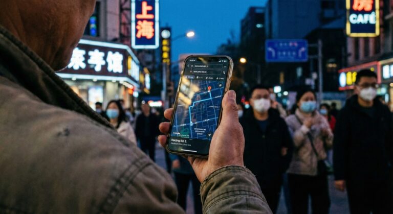 A foreign traveler using a smartphone for navigation on a busy street in Shanghai with 5G signal.