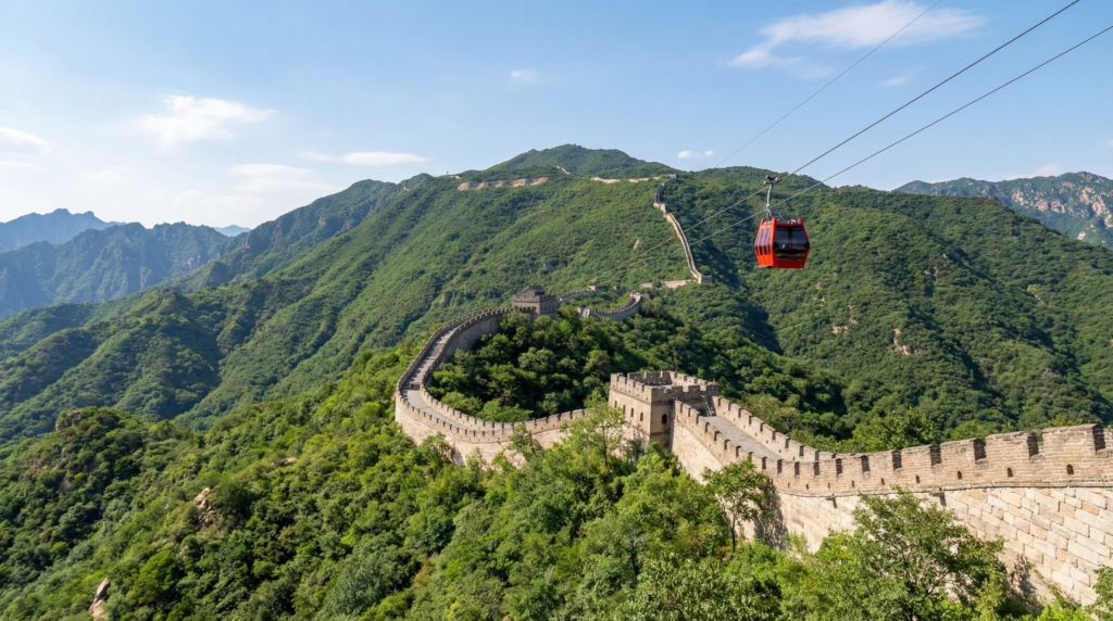 Panoramic view of Mutianyu Great Wall in Beijing at sunrise with lush green mountains, supporting a Beijing Xi'an Shanghai 10 day visa free itinerary.