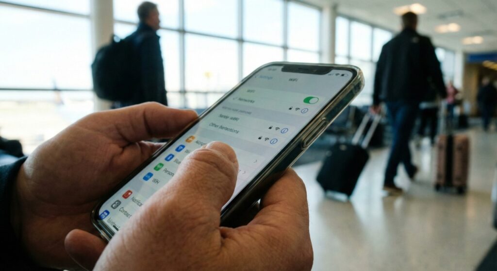 Close up of a traveler's hands setting up an eSIM on an iPhone at Beijing Capital International Airport.