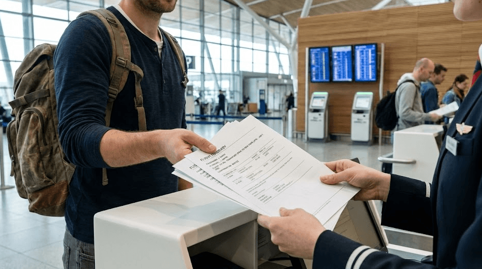 Traveler handing printed flight itinerary to airline staff at airport counter