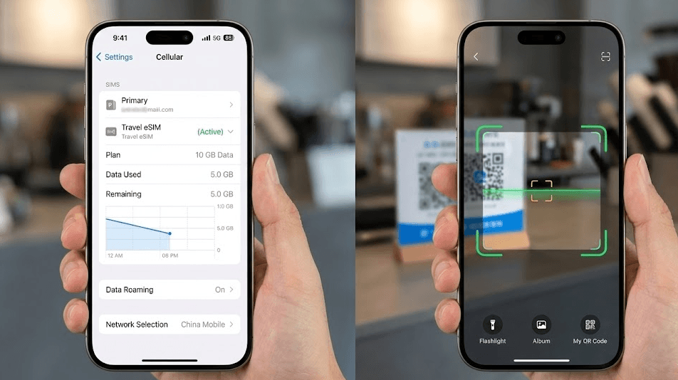 iPhone showing active Travel eSIM on China Mobile and QR code scanner for payments