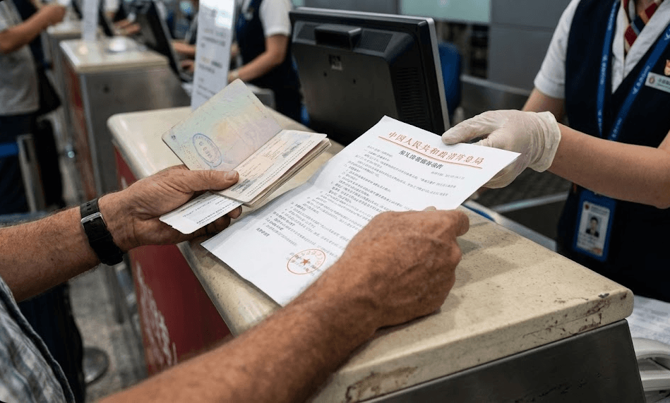 Traveler handing printed National Immigration Administration document to officer at China border