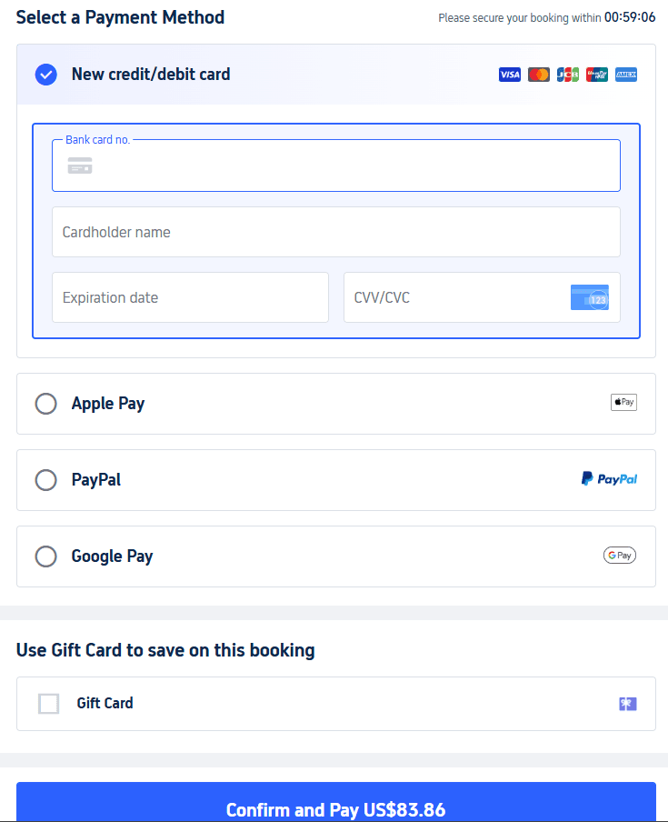 Finalizing China train ticket payment with International Visa or Mastercard.
