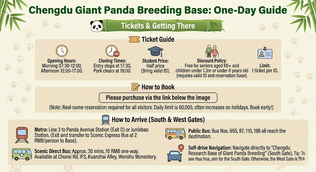 Chengdu Panda Base tickets and directions: hours 7:30-18:00, Metro Line 3, scenic bus 10 RMB, South vs West Gate tips
