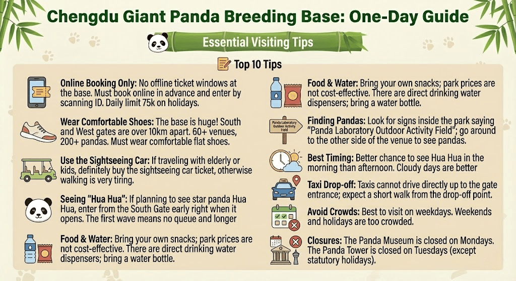 Top tips for Chengdu Panda Base: online tickets only, comfortable shoes, sightseeing car, best time for Hua Hua, bring snacks and water bottle