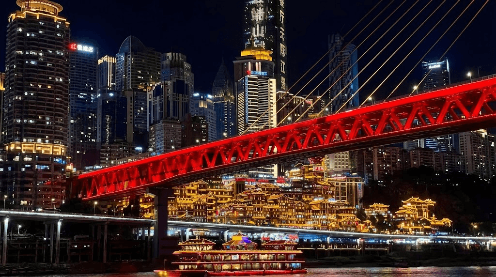Neon-lit Chongqing street at night with reflections in wet pavement and vertical signage