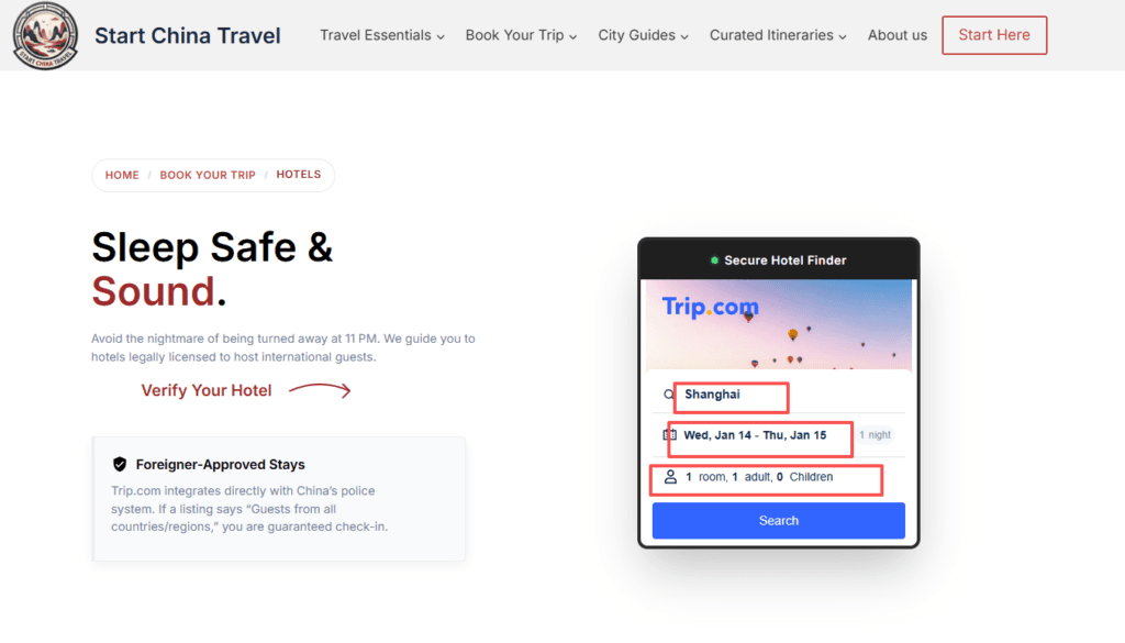 Start China Travel hotel page with Secure Hotel Finder: destination, dates, and guest fields