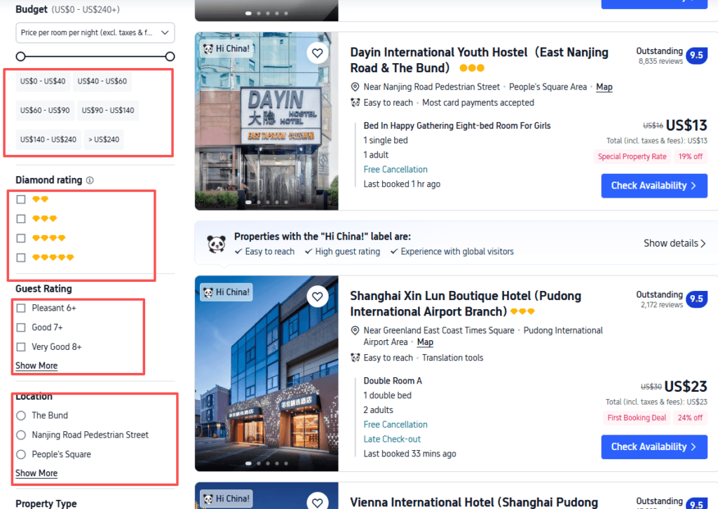 Trip.com hotel results sidebar: budget, diamond rating, guest rating, and location filters