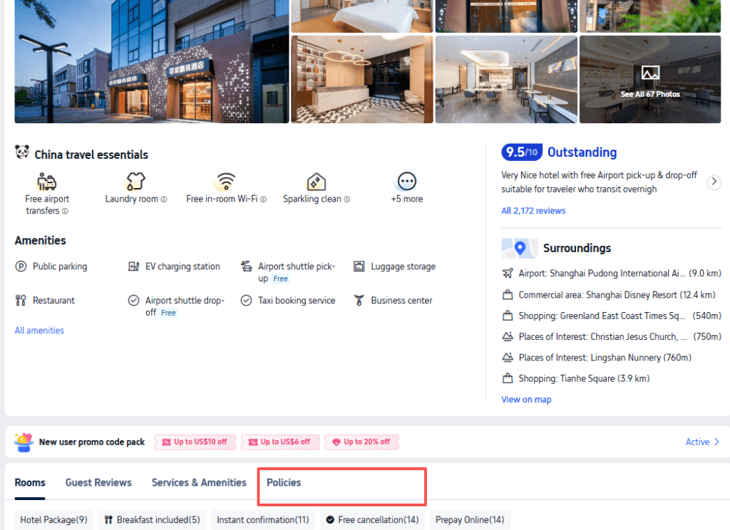 Hotel detail page with Policies tab highlighted in the navigation bar