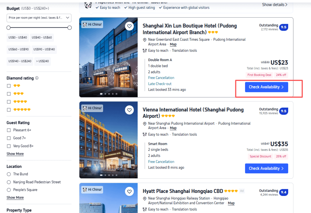 Hotel search results with Check Availability button highlighted