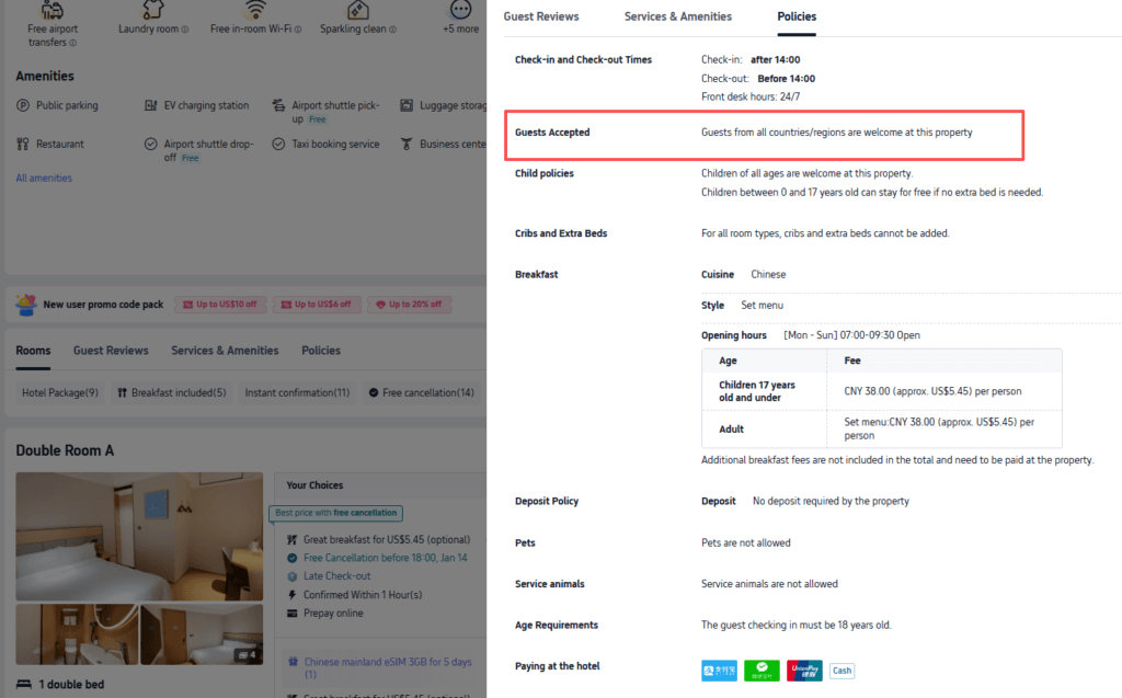 Hotel Policies page showing Guests accepted: all countries and regions welcome