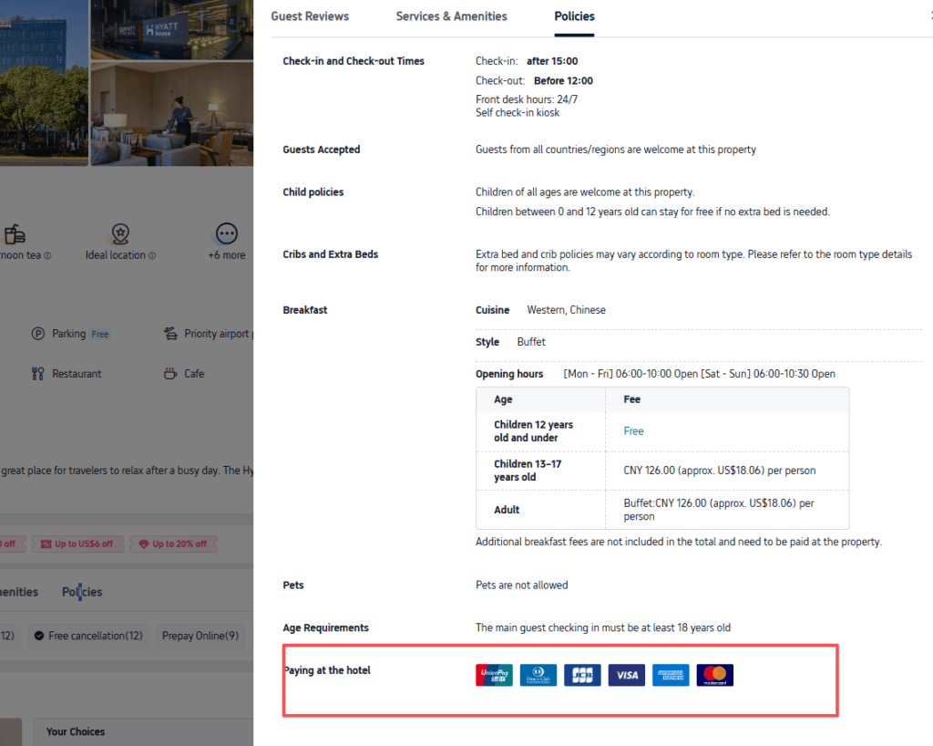 Hotel Policies showing payment methods including Visa and Mastercard