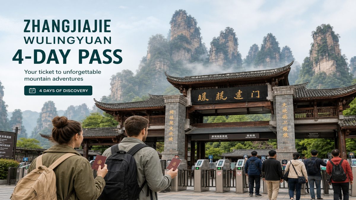 Editorial illustration of Wulingyuan ticket gate plaza with sandstone mountains behind