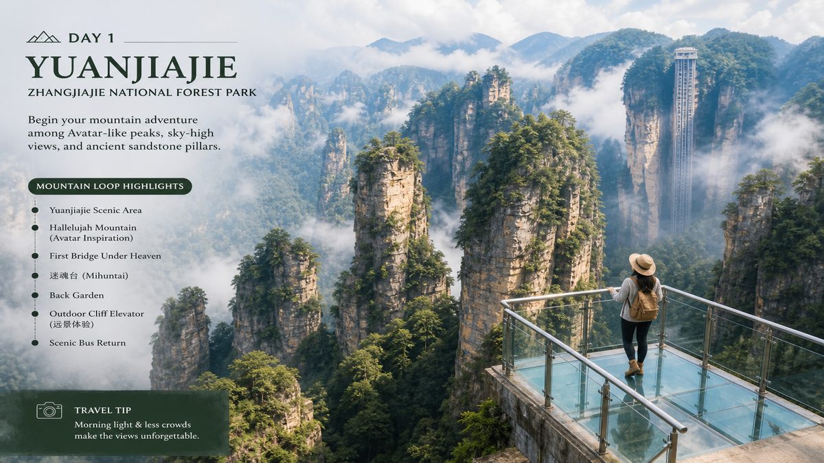 Editorial illustration of Yuanjiajie sandstone pillars and cliff elevator for Day 1 mountain loop