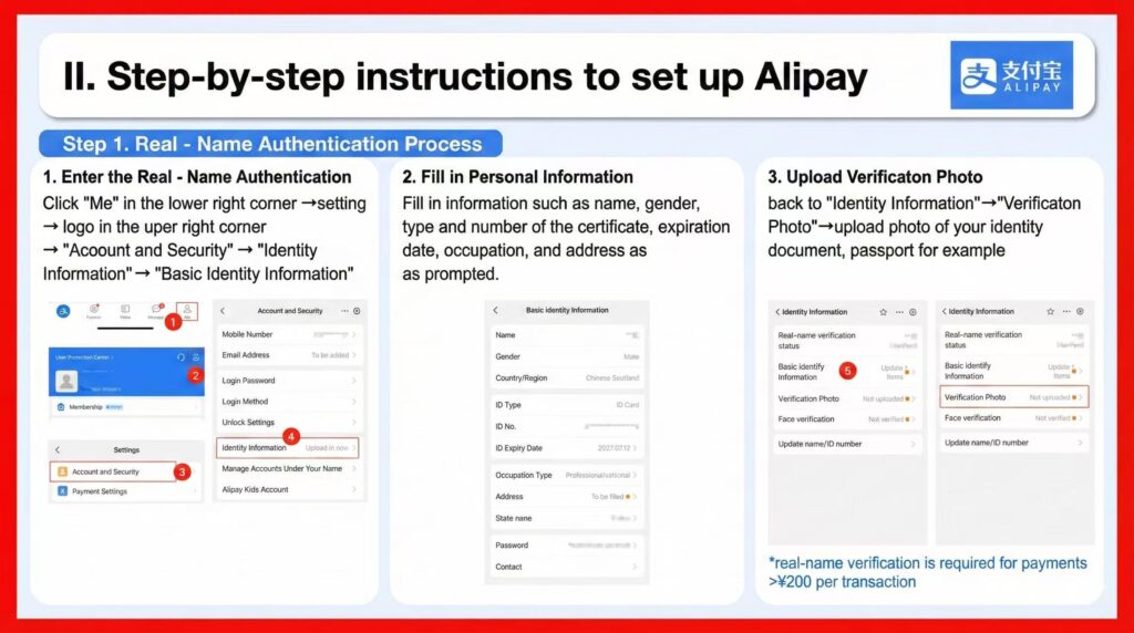 Alipay real-name authentication steps for international users: Access identity page, fill personal info, upload ID document