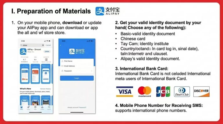 Alipay setup materials for international users: Download Alipay app, valid ID (passport), international bank card (Visa/Mastercard), mobile number