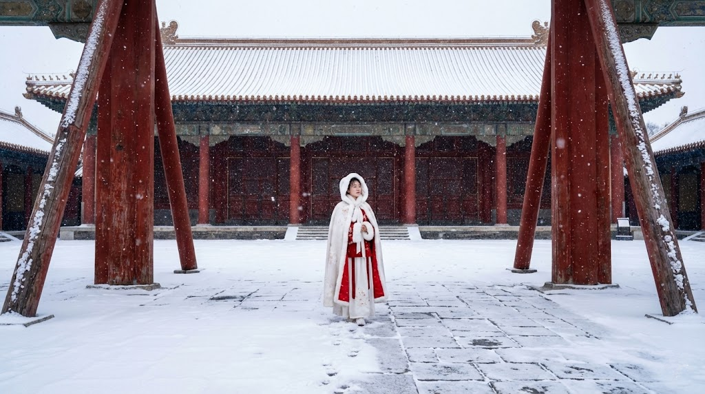 Woman in winter Hanfu standing in snowy Taimiao courtyard, Beijing.