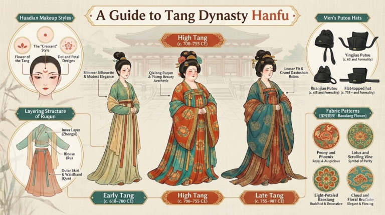 A wide educational infographic header titled "A Guide to Tang Dynasty Hanfu," featuring three central figures illustrating the style evolution from slim Early Tang, to vibrant High Tang Qixiong Ruqun, to loose Late Tang Daxiushan. Surrounding diagrams with connecting lines detail Huadian makeup styles, Ruqun layering structure, men's Putou hats, and Baoxiang fabric patterns against a faded palace blueprint background in rich vermilion, gold, and green tones.