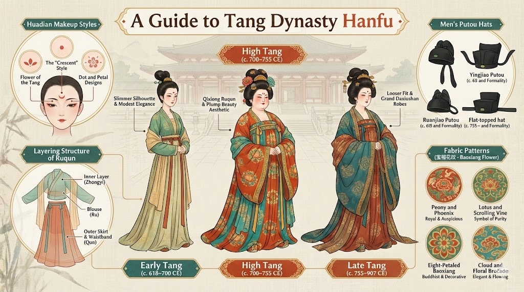 A wide educational infographic header titled "A Guide to Tang Dynasty Hanfu," featuring three central figures illustrating the style evolution from slim Early Tang, to vibrant High Tang Qixiong Ruqun, to loose Late Tang Daxiushan. Surrounding diagrams with connecting lines detail Huadian makeup styles, Ruqun layering structure, men's Putou hats, and Baoxiang fabric patterns against a faded palace blueprint background in rich vermilion, gold, and green tones.