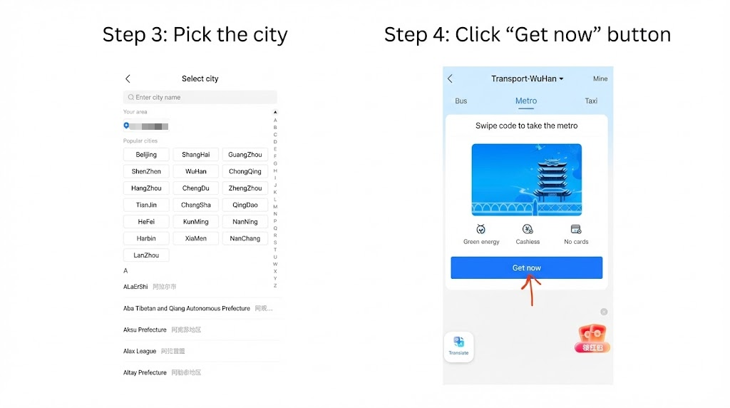 An instructional slide titled "How to pay for metro with Alipay?" showing two mobile screenshots indicating Step 1: navigating to the "Transport" tab on the homepage, and Step 2: clicking the city selection dropdown menu at the top of the transport page.