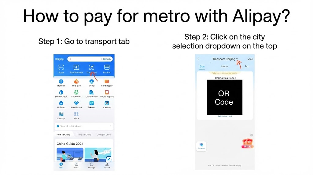 A step-by-step visual guide titled "How to pay for metro with Alipay?" showing the navigation from the app's transport tab to the city selection menu.