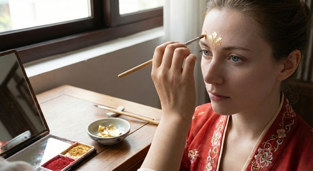 A detailed close-up photograph showing a makeup artist using fine tweezers to carefully apply a delicate piece of gold leaf onto a woman's forehead to create a traditional Tang Dynasty Huadian mark.