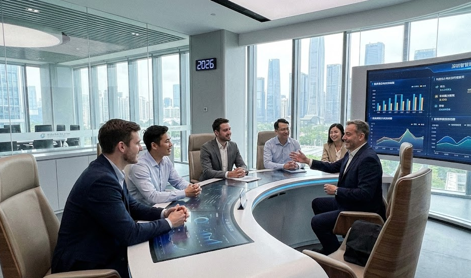 A group of diverse professionals engage in a strategic discussion around an interactive digital table in a modern Shenzhen boardroom in 2026, with a skyline view and data screens in the background.
