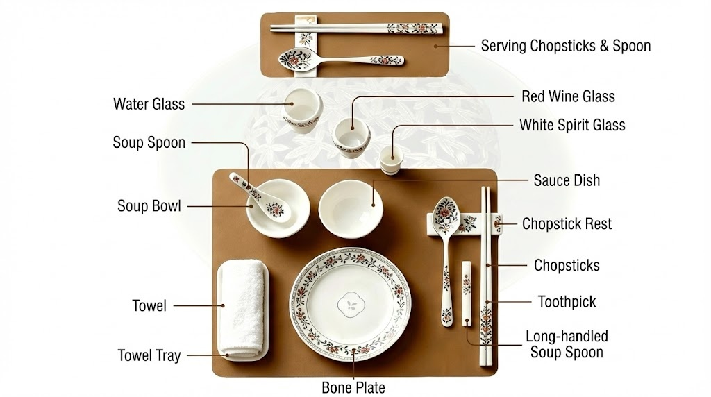 A top-down instructional diagram of a Chinese banquet table setting with labeled components such as serving chopsticks, personal utensils, wine and spirit glasses, and a bone plate.