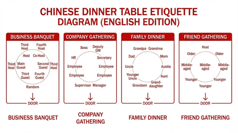 An English-language diagram showing traditional Chinese seating etiquette for four scenarios: Business Banquet, Company Gathering, Family Dinner, and Friend Gathering, with specific positions for hosts and guests relative to the door.