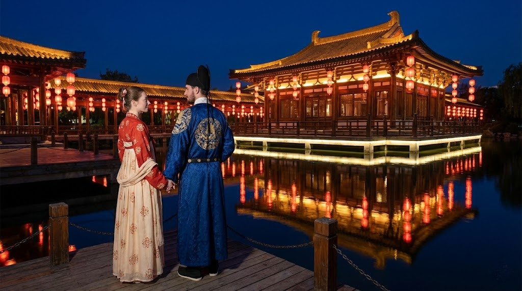 A wide-angle night shot capturing a couple dressed in traditional Hanfu robes holding hands on a wooden dock, gazing at each other against a spectacular backdrop of glowing red lanterns and illuminated pavilions reflecting in the lake at Tang Paradise park.