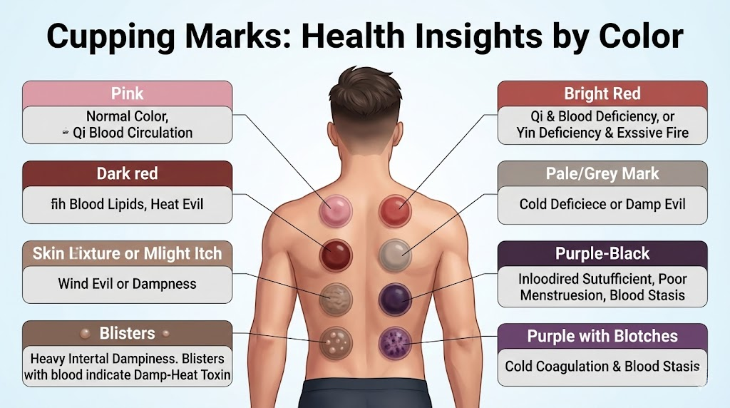 An educational infographic titled "Cupping Marks: Health Insights by Color" showing a man's back with eight different colored cupping marks, each labeled with its corresponding meaning in Traditional Chinese Medicine, such as Qi circulation, dampness, or blood stasis.