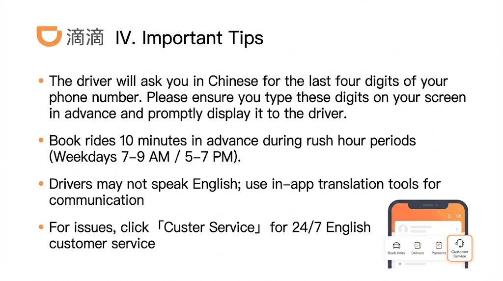 An instructional slide titled "IV. Important Tips" for the DiDi app, detailing passenger verification, rush hour booking advice, communication tools, and how to access 24/7 English customer service.