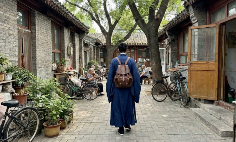 Foreigner wearing authentic Hanfu rental in China 2026.
