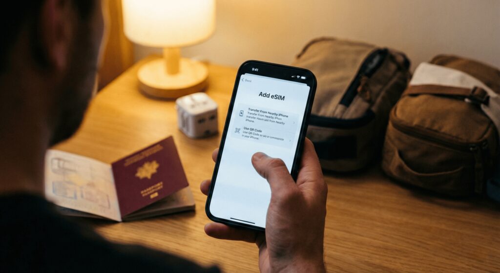 Over-the-shoulder close-up view of a traveler holding an iPhone 15 Pro, setting up an eSIM for China travel. The phone screen shows the configuration menu. A passport and travel gear are visible in the blurred, warm-lit background.