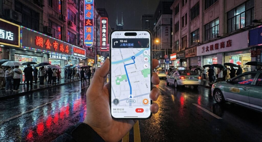 Tourist using iPhone maps in Shanghai with active eSIM data.