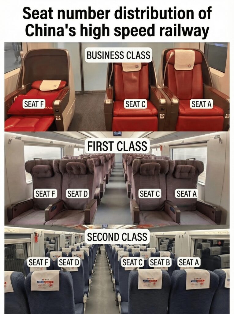 Image showing the seat number distribution and layout for Business, First, and Second Class carriages on China's high-speed railway.