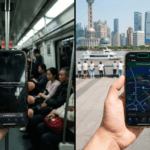 A split-screen comparison photo demonstrating internet access for travelers in China. The left half shows a close-up of a smartphone screen displaying a "Safari cannot open the page" connection error in a dark, crowded subway. The right half shows the same phone on the sunny Shanghai Bund, displaying a fully loaded map application with a green "Connected" indicator, symbolizing successful VPN or eSIM usage in 2026.