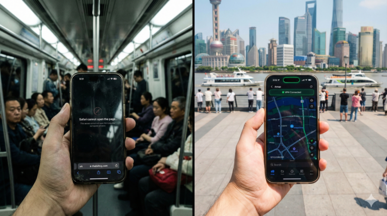 A split-screen comparison photo demonstrating internet access for travelers in China. The left half shows a close-up of a smartphone screen displaying a "Safari cannot open the page" connection error in a dark, crowded subway. The right half shows the same phone on the sunny Shanghai Bund, displaying a fully loaded map application with a green "Connected" indicator, symbolizing successful VPN or eSIM usage in 2026.