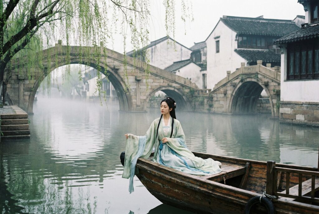 A woman in flowing Song Dynasty Hanfu sitting on a traditional wooden boat in a misty Suzhou water town canal with willow trees.
