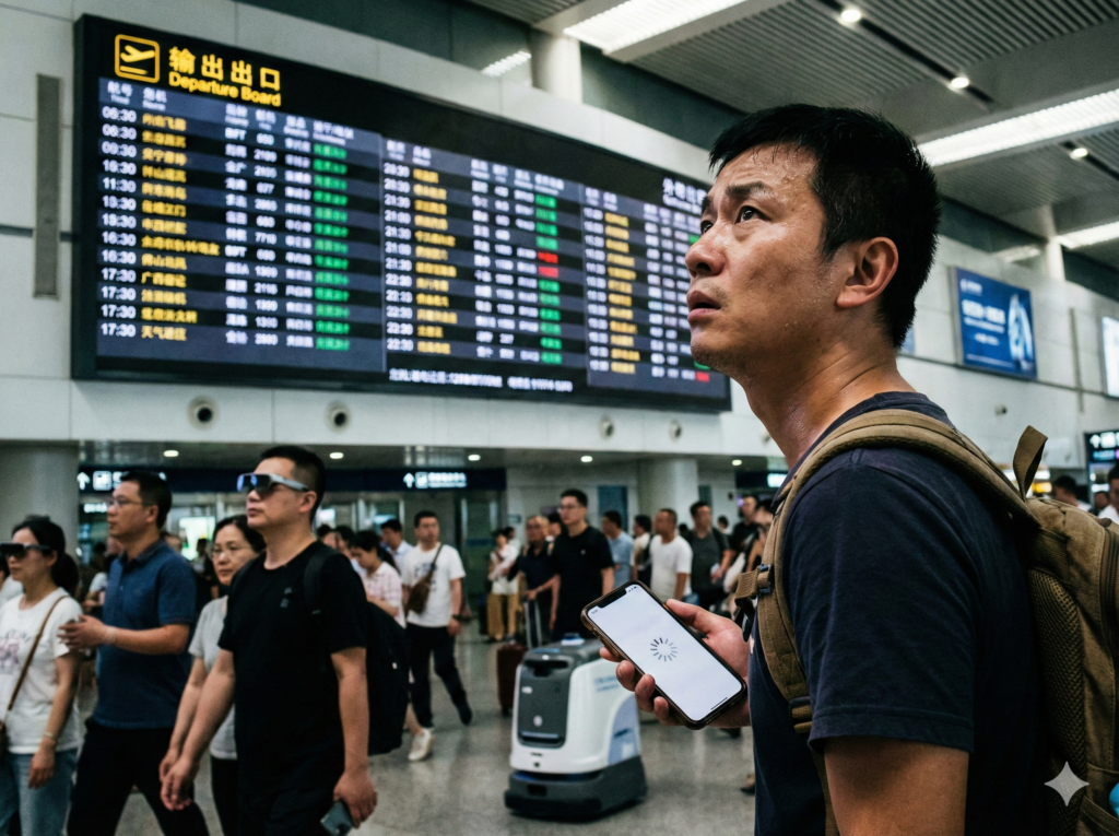 A candid photograph showing a confused and anxious traveler holding a smartphone with a spinning loading screen, standing in front of a large flight information departure board at a busy international airport in China. The background crowd is blurred, emphasizing the traveler's stress due to connectivity issues.