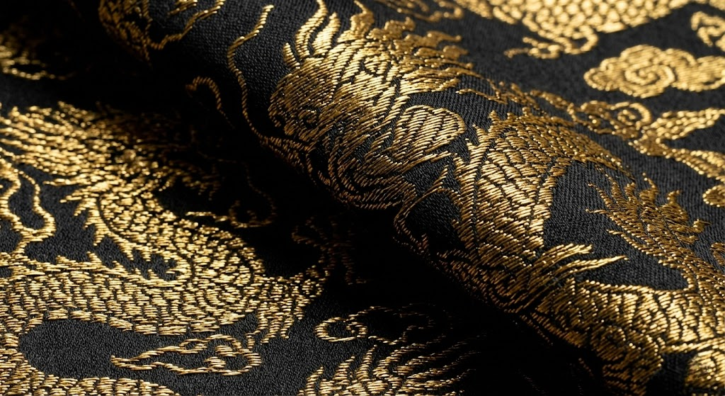 Close up of woven gold Zhijin Mamianqun fabric texture in 2026.
