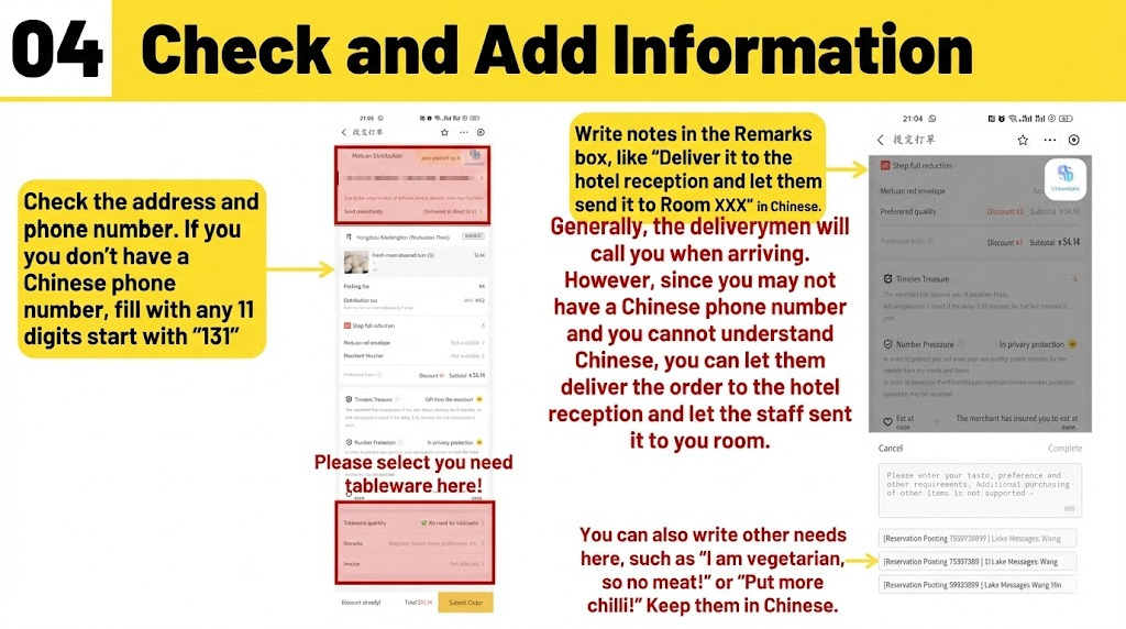 An instructional slide titled "04 Check and Add Information" for the Meituan app, detailing how to verify delivery addresses, input phone numbers, select tableware, and add specific remarks for the courier.