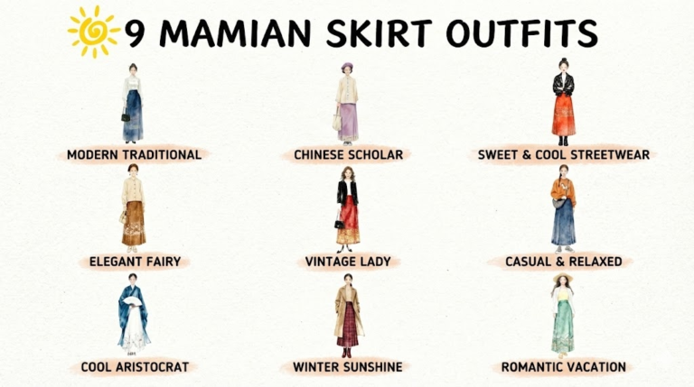 A fashion infographic titled "9 Mamian Skirt Outfits" displaying nine unique styling ideas for the traditional horse-face skirt, ranging from "Modern Traditional" and "Chinese Scholar" to contemporary looks like "Sweet & Cool Streetwear" and "Casual & Relaxed."