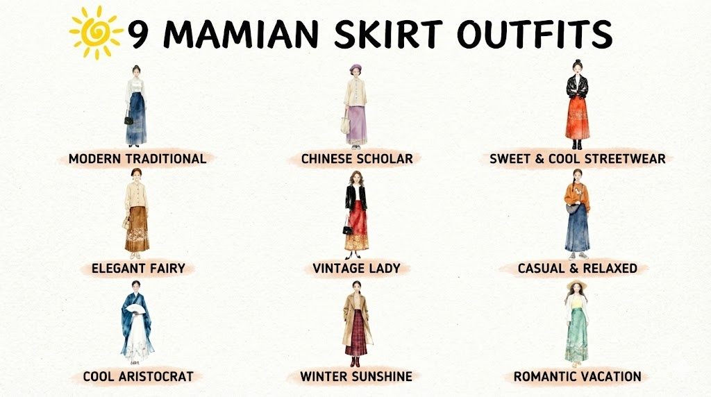 A fashion infographic titled "9 Mamian Skirt Outfits" displaying nine unique styling ideas for the traditional horse-face skirt, ranging from "Modern Traditional" and "Chinese Scholar" to contemporary looks like "Sweet & Cool Streetwear" and "Casual & Relaxed."