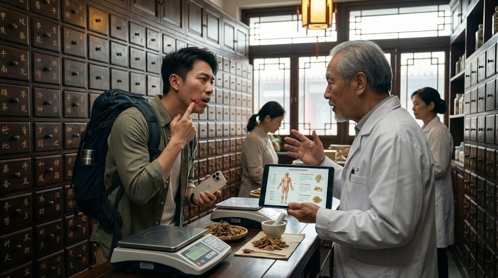 In a traditional Beijing apothecary, a traveler with a backpack consults an elderly TCM practitioner about a facial skin mark, while the doctor uses a digital tablet to display anatomical and herbal information against a backdrop of classic wooden medicine drawers.