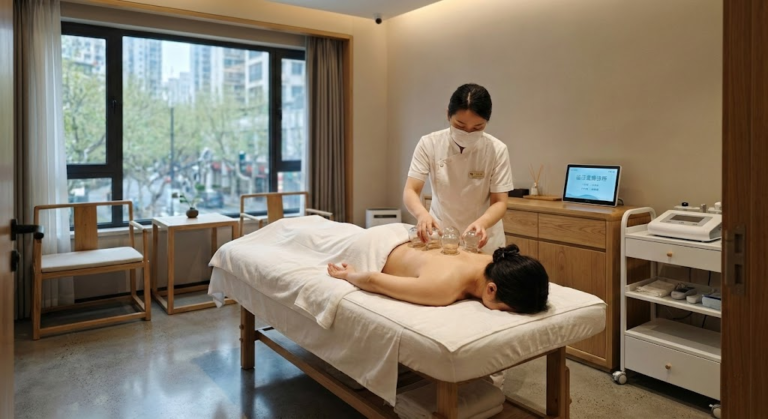 A professional practitioner in a white uniform and face mask applies glass suction cups to a patient's back during a cupping therapy session in a modern, minimalist treatment room.