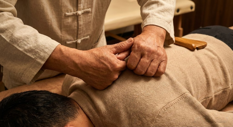 A close-up shot of a Tui Na therapist's hands applying firm pressure to a patient's shoulder during a traditional Chinese manual therapy session in Shanghai.
