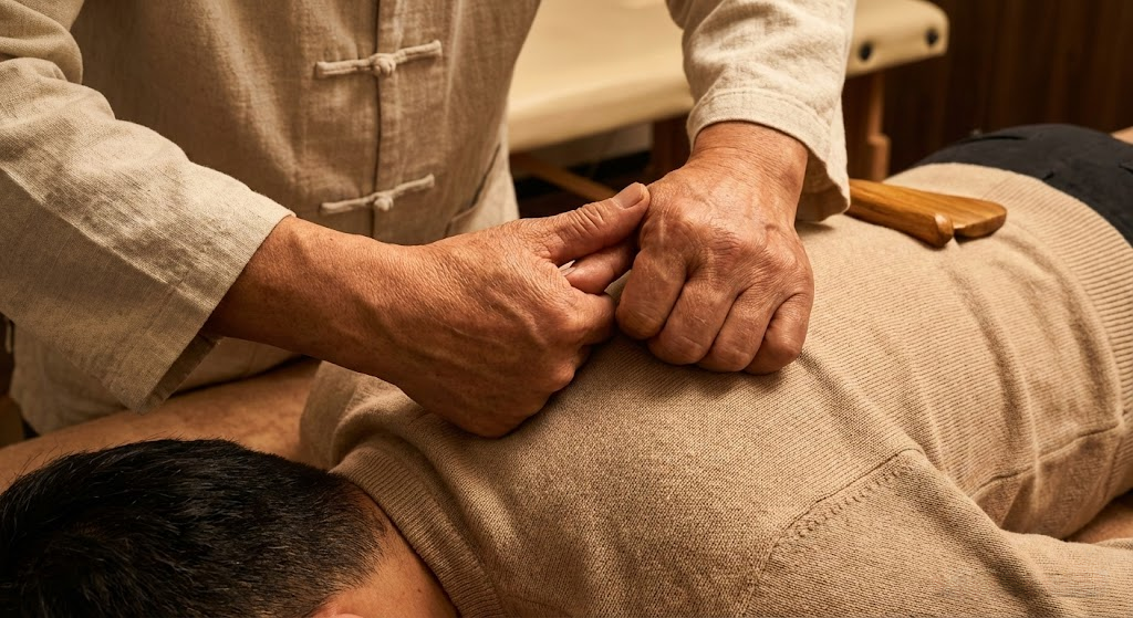A close-up shot of a Tui Na therapist's hands applying firm pressure to a patient's shoulder during a traditional Chinese manual therapy session in Shanghai.